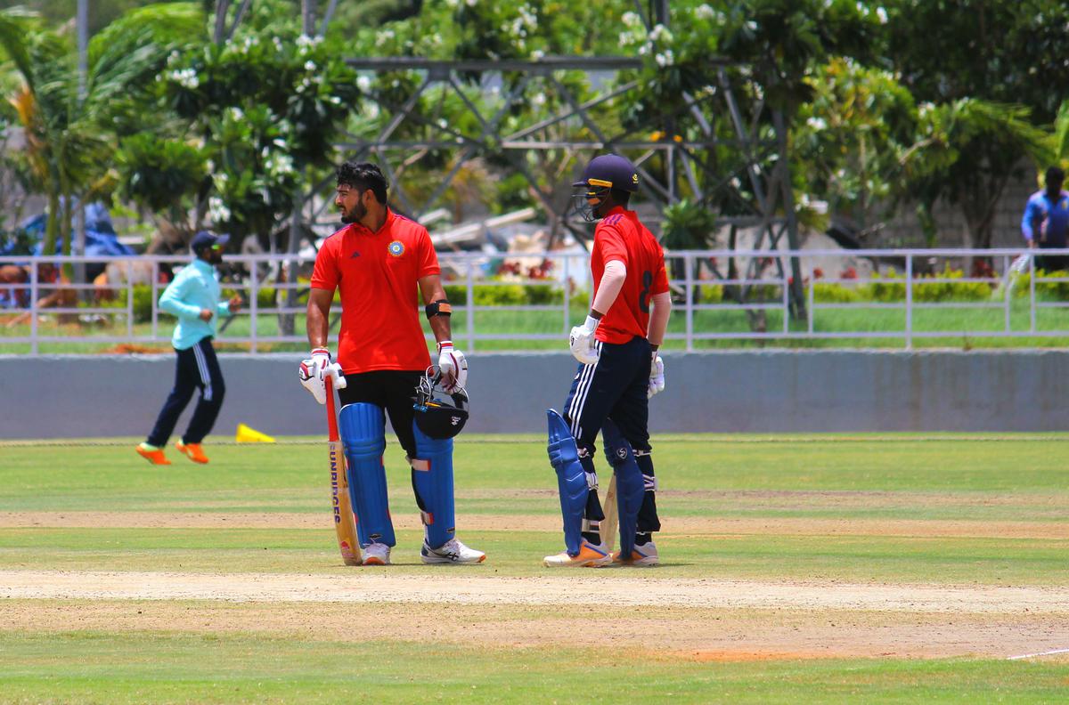 Riyan Parag (L) and Kumar Kushagra (R), East Zone batter in Action against West Zone in Deodhar Trophy 2023 at the CAP Ground 2. 