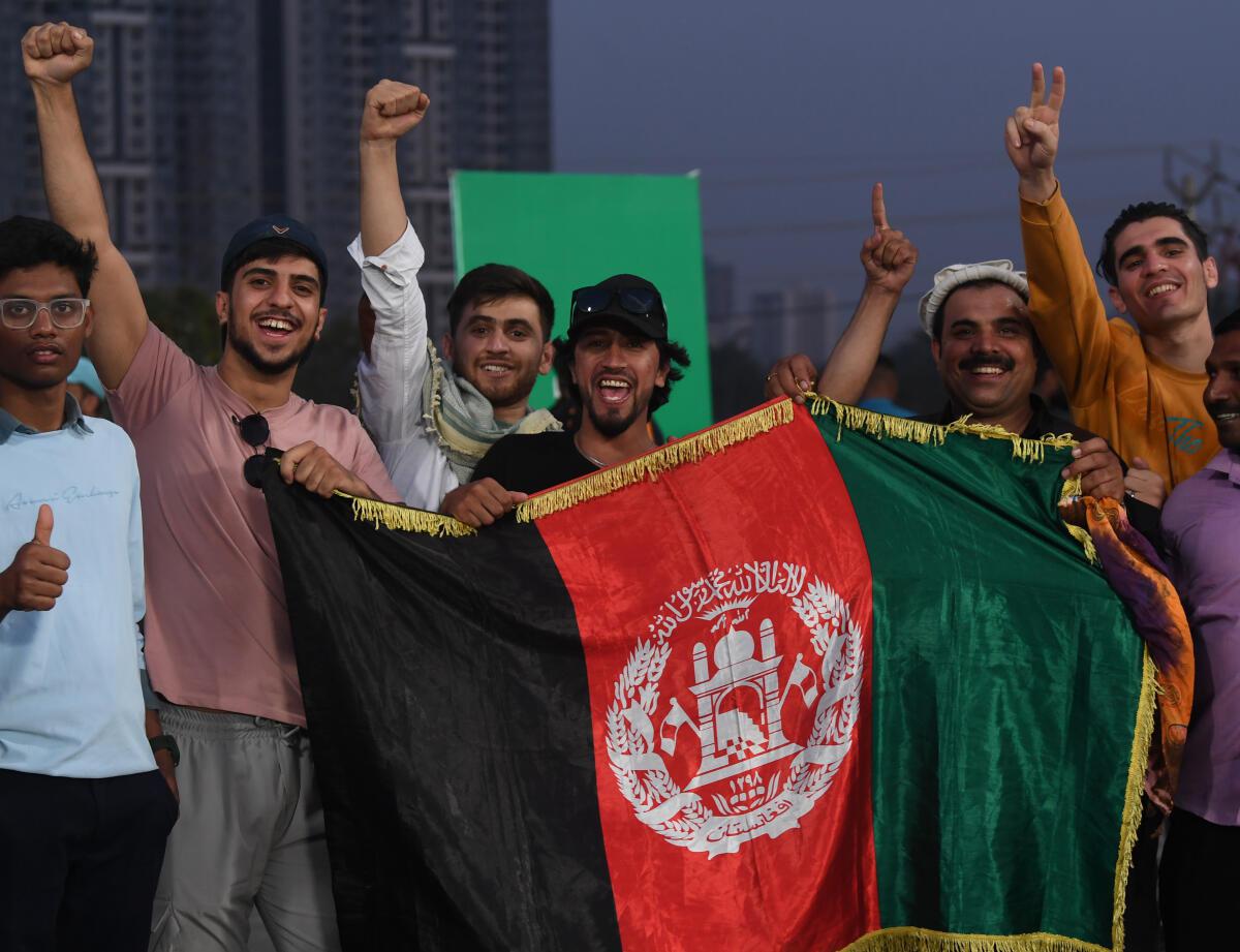 Afghanistan fans celebrating their side’s performance against Sri Lanka during the match between Sri Lanka vs Afghanistan at the Maharashtra Cricket Association Stadium, Pune