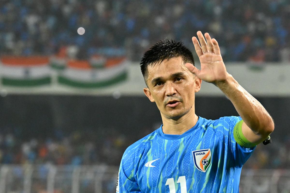 Indian Football team captain Sunil Chhetri during his last match, against Kuwait in the FIFA Qualifier at the Salt Lake Stadium in Kolkata.