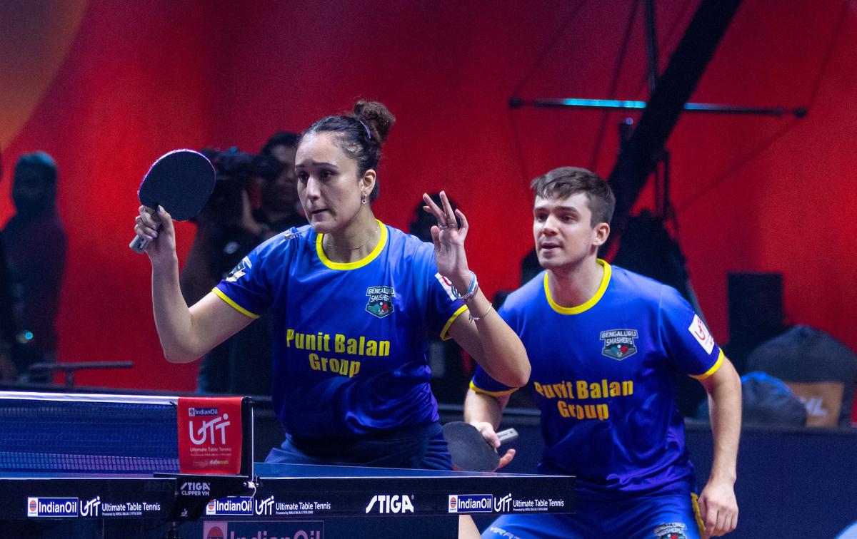 Manika Batra and Kirill Gerassimenko of Bengaluru Smashers during the Ultimate Table Tennis tie against Puneri Paltan Table Tennis in Pune on Sunday, July 23, 2023