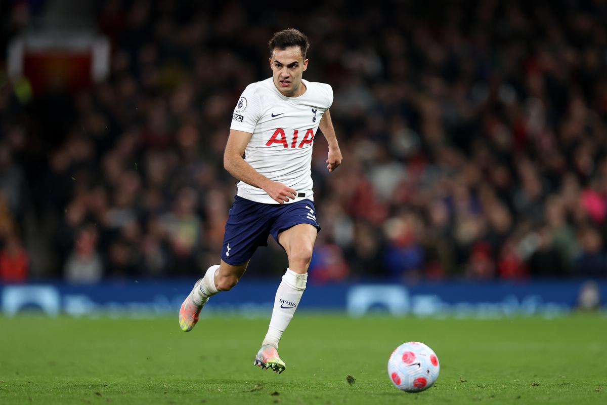 Sergio Reguilon of Tottenham Hotspur in action during the Premier League match between Manchester United and Tottenham Hotspur at Old Trafford on March 12, 2022 in Manchester, England.