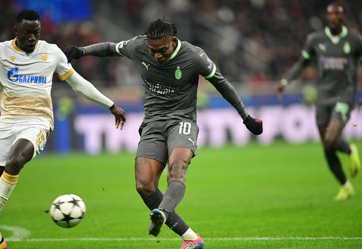 AC Milan’s Rafael Leao scores its first goal against Red Star Belgrade in the UEFA Champions League.