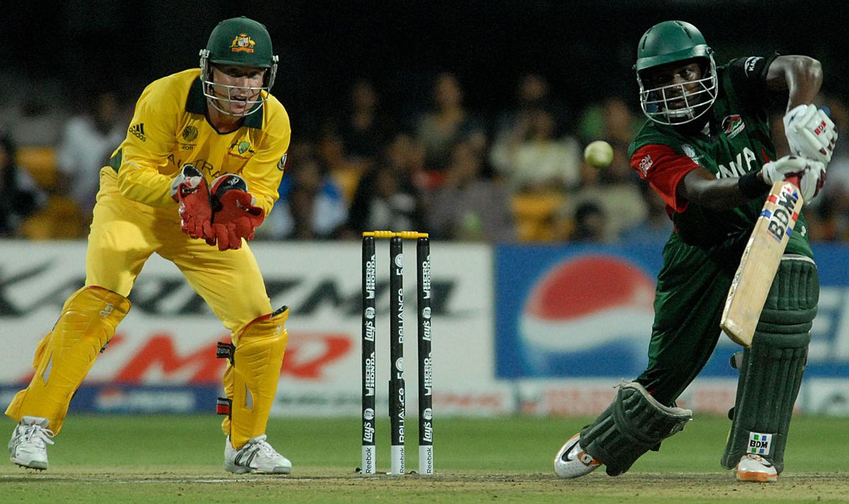 Obuya in action during the ICC Cricket World cup match against Australia at Chinnaswamy stadium in Bengaluru..