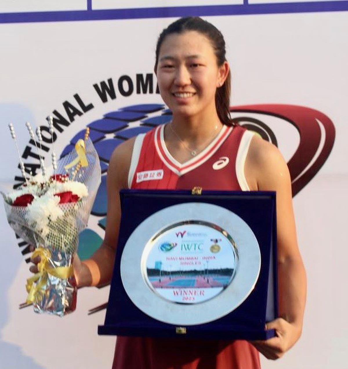 Moyuka Uchijima of Japan, the champion of the $40,000 ITF women’s tennis tournament in Navi Mumbai on Sunday.