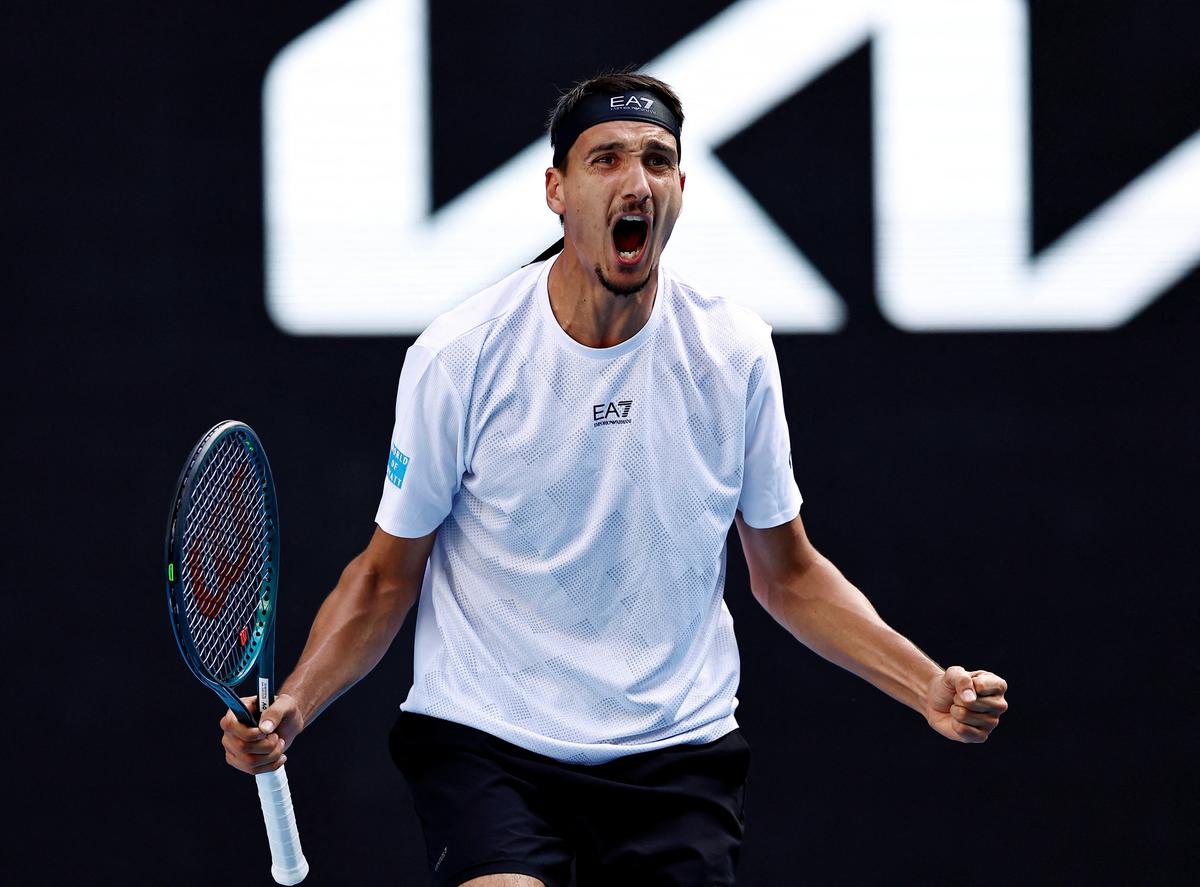 Italy’s Lorenzo Sonego celebrates winning his fourth-round match against Learner Tien of the U.S.