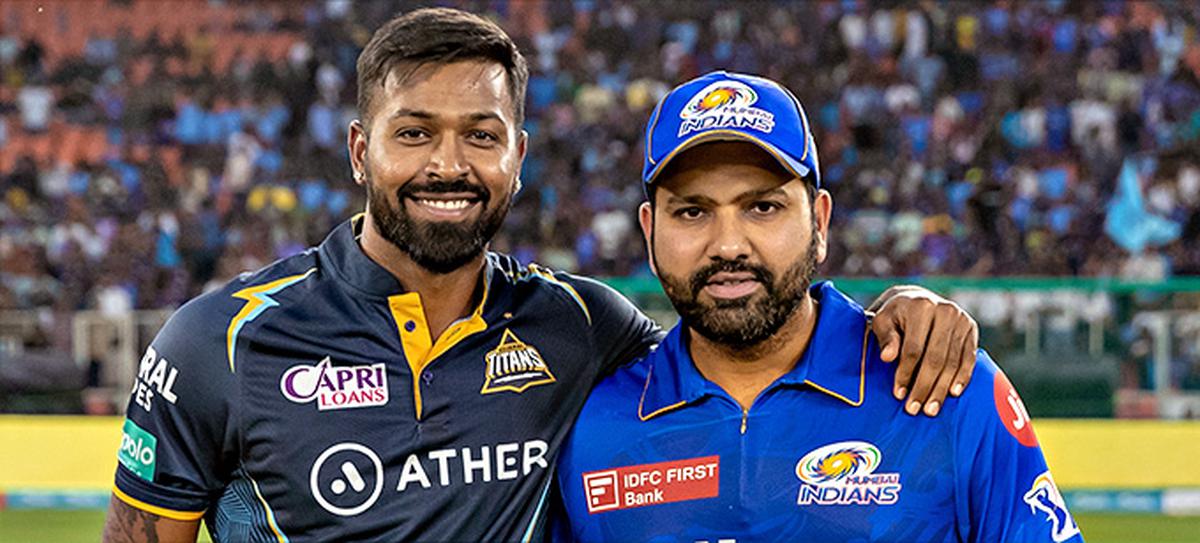 Hardik Pandya and Rohit Sharma at the toss during an IPL match in 2023.