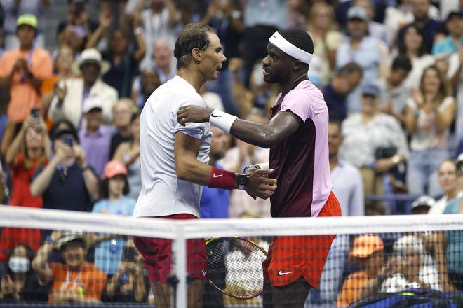 FILE PHOTO: Frances Tiafoe (right) of the United States shakes hands after defeating Rafael Nadal of Spain in the fourth round of the 2022 US Open on September 05, 2022 in New York.