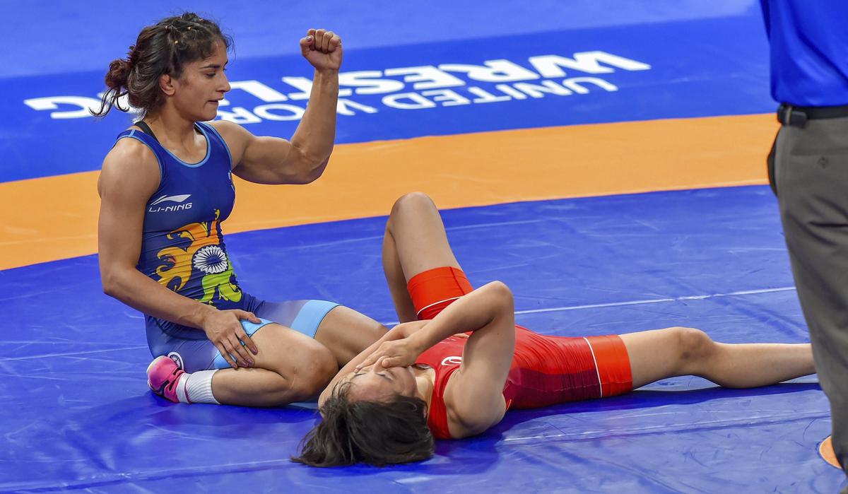 India’s Vinesh Phogat reacts as she celebrates after winning the gold medal in women’s freestyle 50 kg wrestling at Asian Games 2018.