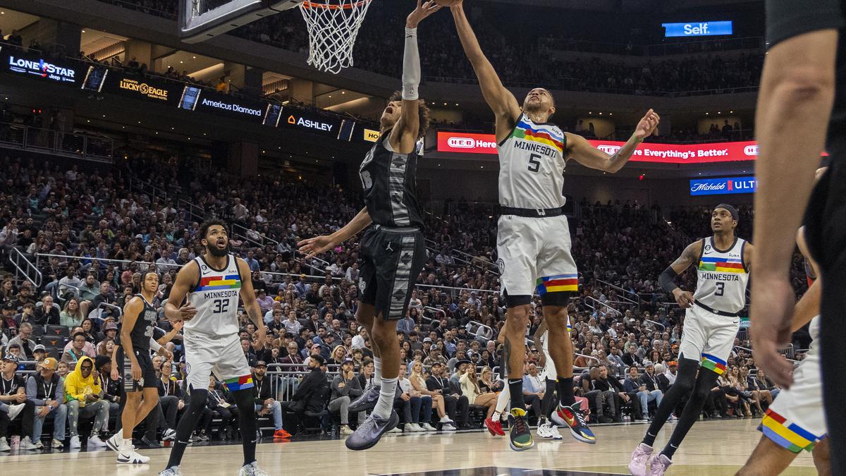 San Antonio Spurs' Dominick Barlow plays against the Houston