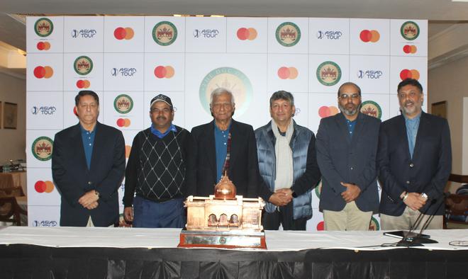 DGC captain Raj Khanna, two-time Indian Open champion Ali Sher; DGC President K. K. Bajoria, golfers Gaurav Ghei, Manav Jaini and Head of the International Series (Asian Tour) Rahul Singh, pose with the DGC Open Trophy in New Delhi.