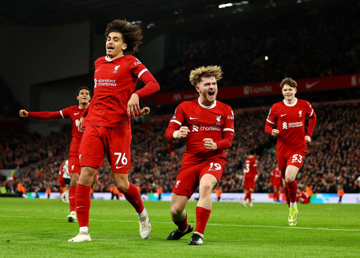 Liverpool’s Harvey Elliott celebrates scoring their fourth and final goal against Luton Town in the Premier League. 