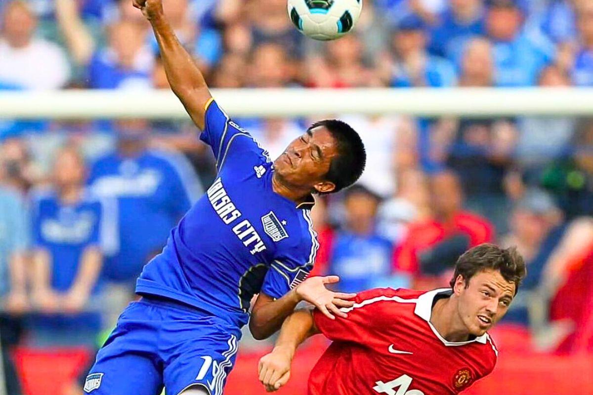 Sunil Chhetri in action for Kanas City against Jonny Evans of Manchester United in a friendly, which the MLS side won 2-1.