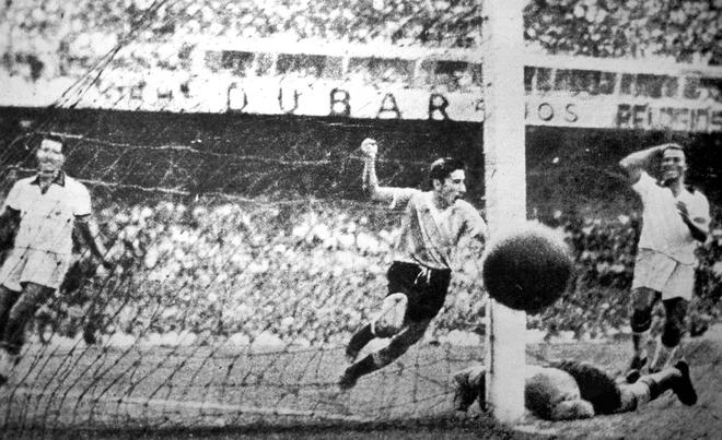  Uruguay player Ghiggia scores during the World Cup Final, against Brazil, in the Maracana Stadium in Rio de Janeiro, Brazil on July 16, 1950. Uruguay defeated Brazil 2-1 to win the 1950 World Cup.  