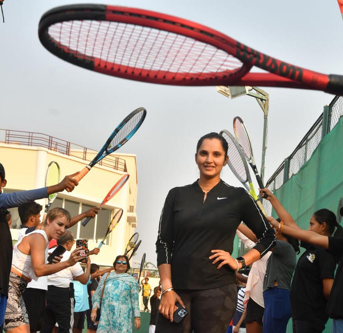Tennis Star Sania Mirza Receiving Guard of Honour from Young Tennis Players during her Farewell at Sania Mirza Tennis Academy, Murthuzuguda on the outskirts of Hyderabad on Saturday, March 04, 2023. 