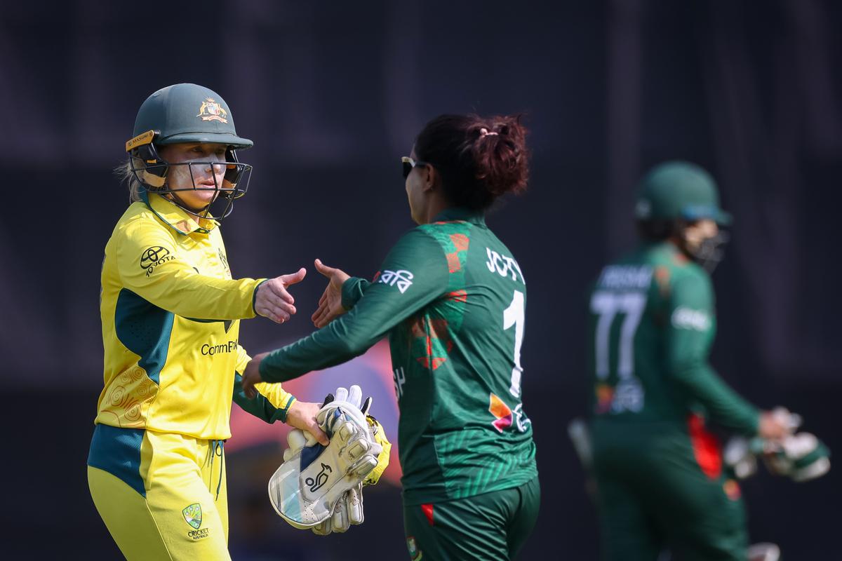 FILE PHOTO: Alyssa Healy of Australia shakes hands with Nigar Sultana of Bangladesh after game two of the Women’s T20 International series between Bangladesh and Australia at Sher-e-Bangla National Cricket Stadium on April 02, 2024 in Dhaka.