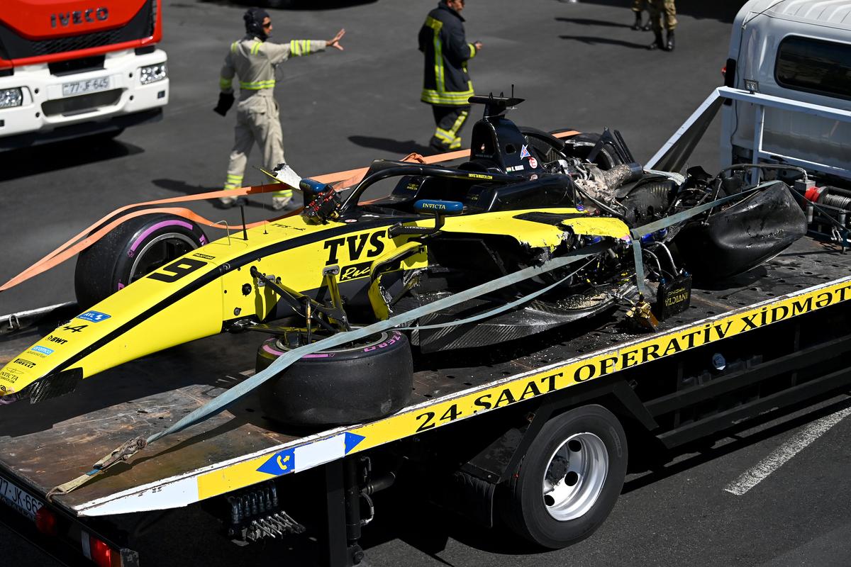 The car of Kush Maini of India and Invicta Racing (9) is seen after a crash during the Round 12 Baku Feature race of the Formula 2 Championship at Baku City Circuit on September 15, 2024 in Baku, Azerbaijan. 