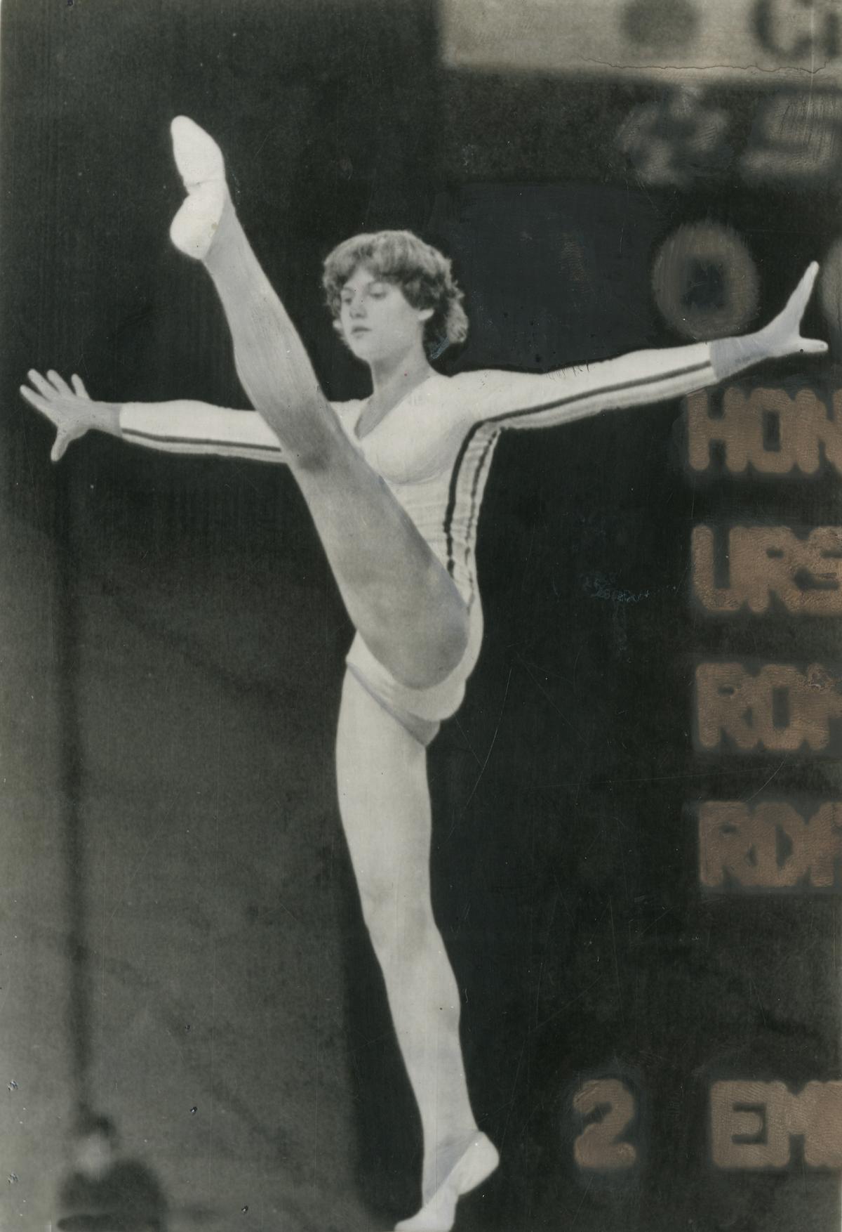 Roumanian gymnast Nadia Comaneci in action.