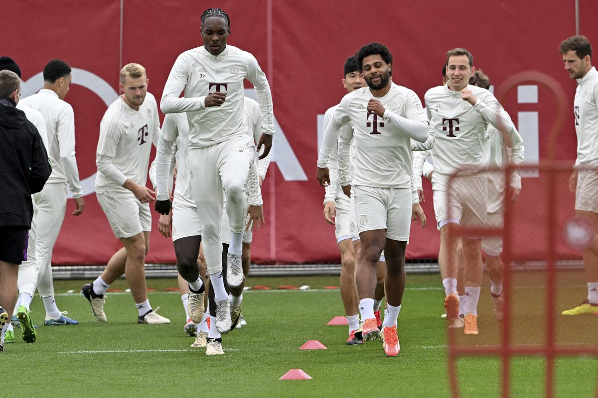 The players of FC Bayern Munich take part in the final training session at the club grounds in Munich, Germany, Tuesday, May 7, 2024. 