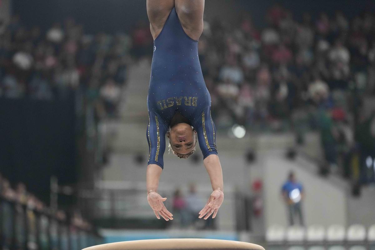 Brazil’s Rebeca Andrade competes on the vault.