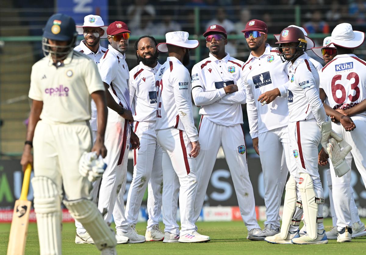West Indies players celebrate the wicket of Sai Sudharsan on the first day of 2nd Test match. 