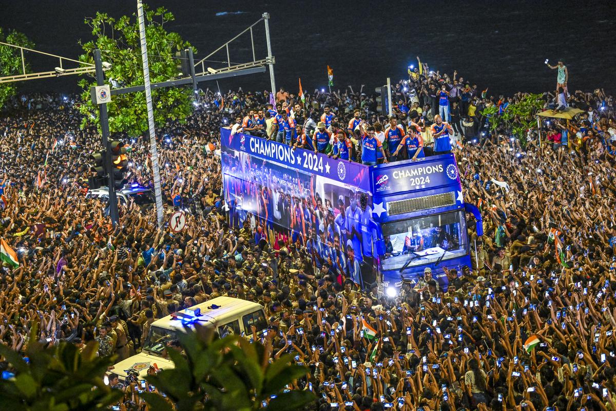 Thousands of fans cheer for the victorious Indian team at the T20 World Cup 2024.