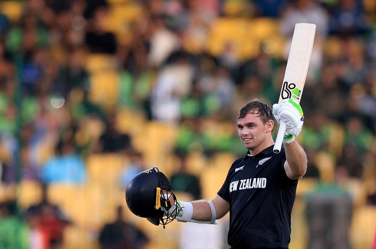 FILE PHOTO: Tom Latham celebrates his century against Pakistan in the 2025 Champions Trophy