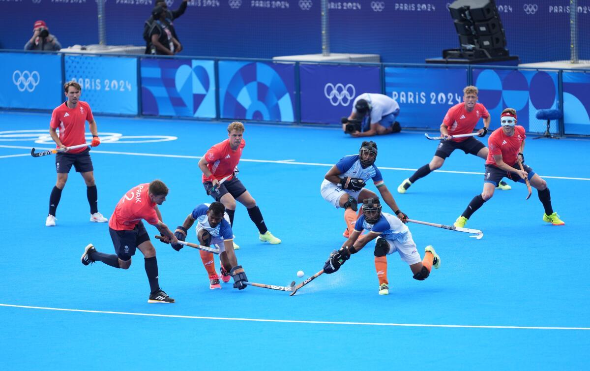 Amit Rohidas rushes out to block a penalty corner at the Olympics.