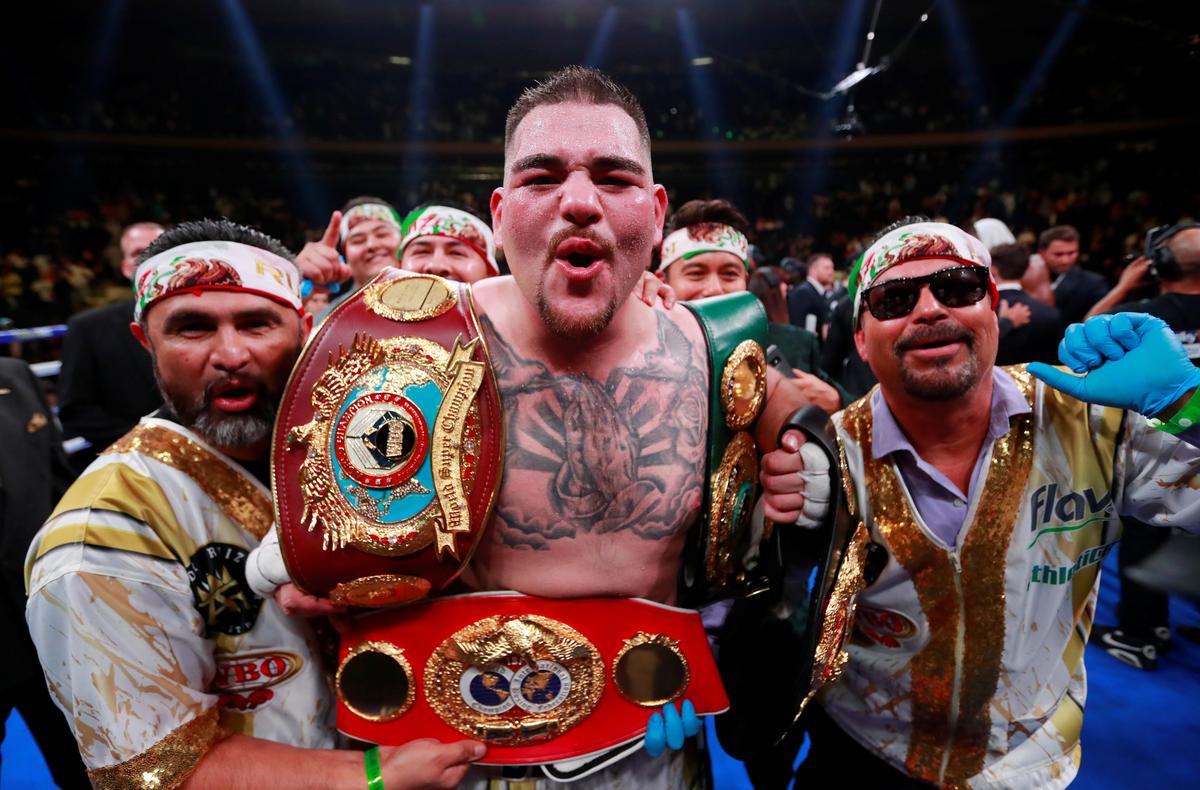 Andy Ruiz Jr celebrates winning the fight against Joshua in 2019.