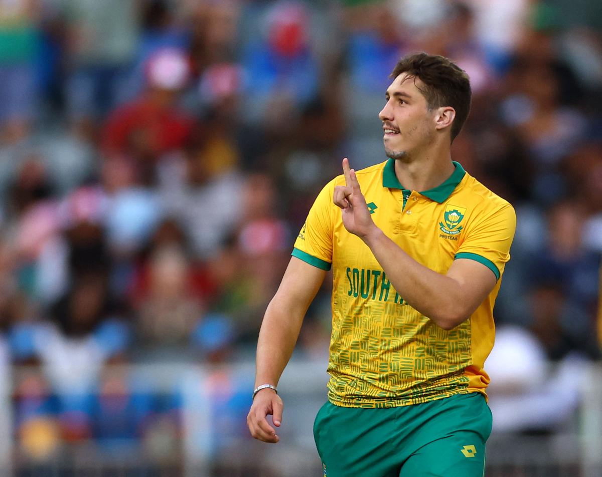 South Africa’s Nandre Burger celebrates after taking a catch to dismiss India’s Rinku Singh. 