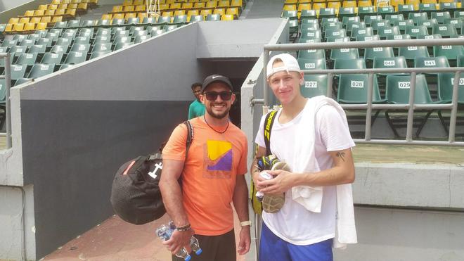 Leo with his coach, Christian Brydniak, during practice ahead of the Chennai Open Challenger.