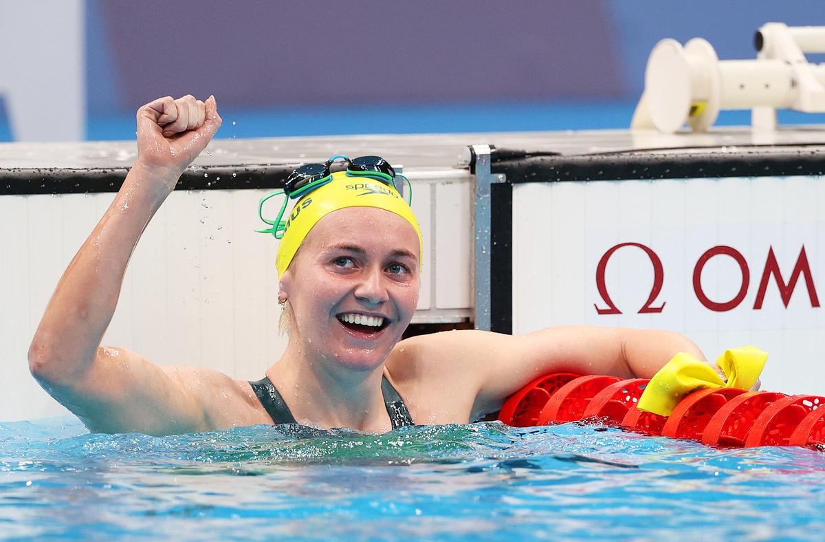 Ariarne Titmus reacts after winning the gold medal in the women’s 400m freestyle final at the Tokyo 2020 Olympic Games.