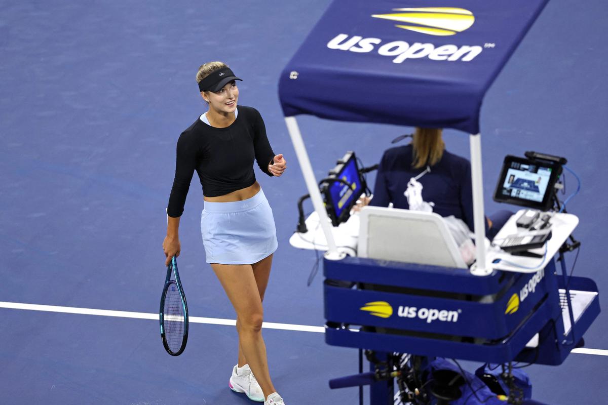 Russia’s Anna Kalinskaya complaints to the umpire as she plays against Brazil’s Beatriz Haddad Maia during their women’s singles third round match. 