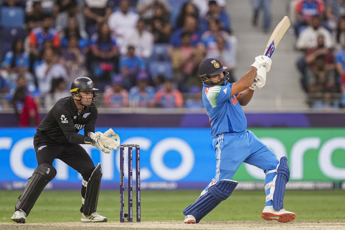 Rohit Sharma plays a shot during the ICC Champions Trophy 2025 final between India and New Zealand, in Dubai, UAE.