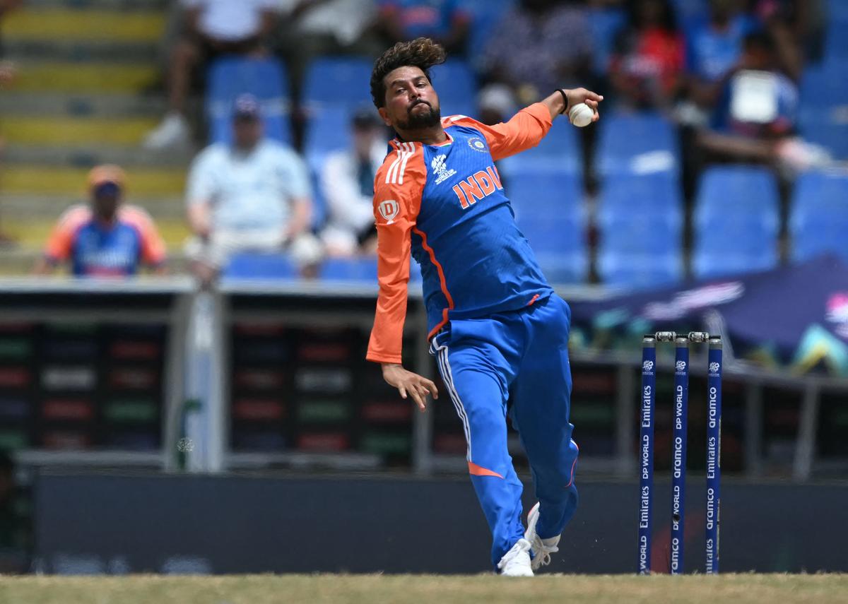 India’s Kuldeep Yadav bowls against Bangladesh.