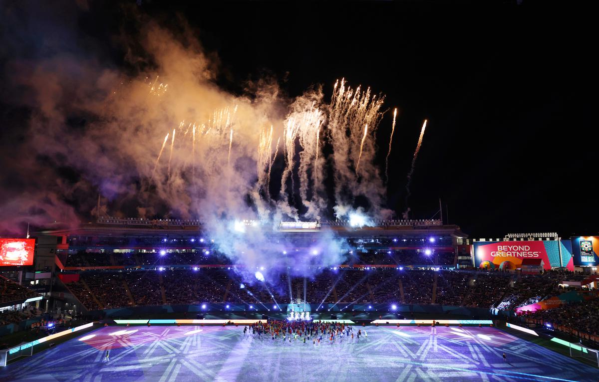 Fireworks explode during the opening ceremony prior to the FIFA Women’s World Cup. 