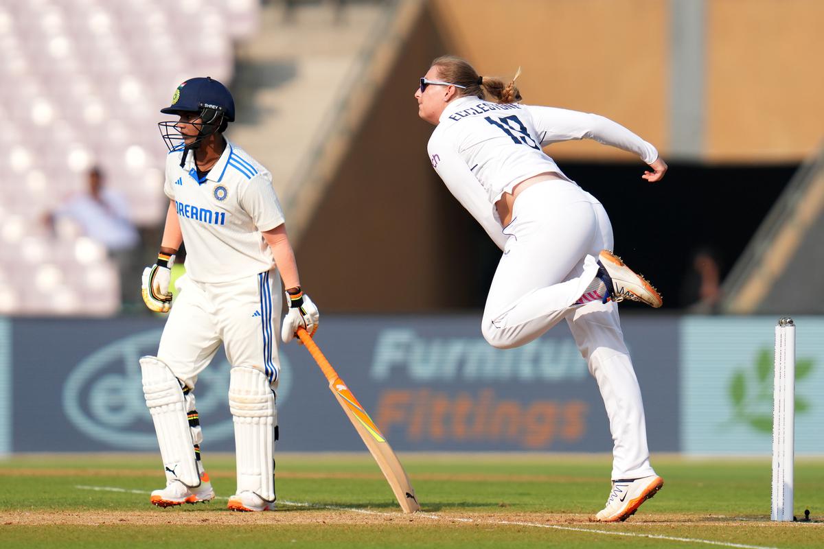 Sophie Ecclestone of England during day two of the first test match between India Women and England Women held at the D Y Patil stadium, Navi Mumbai on the 15th December 2023.