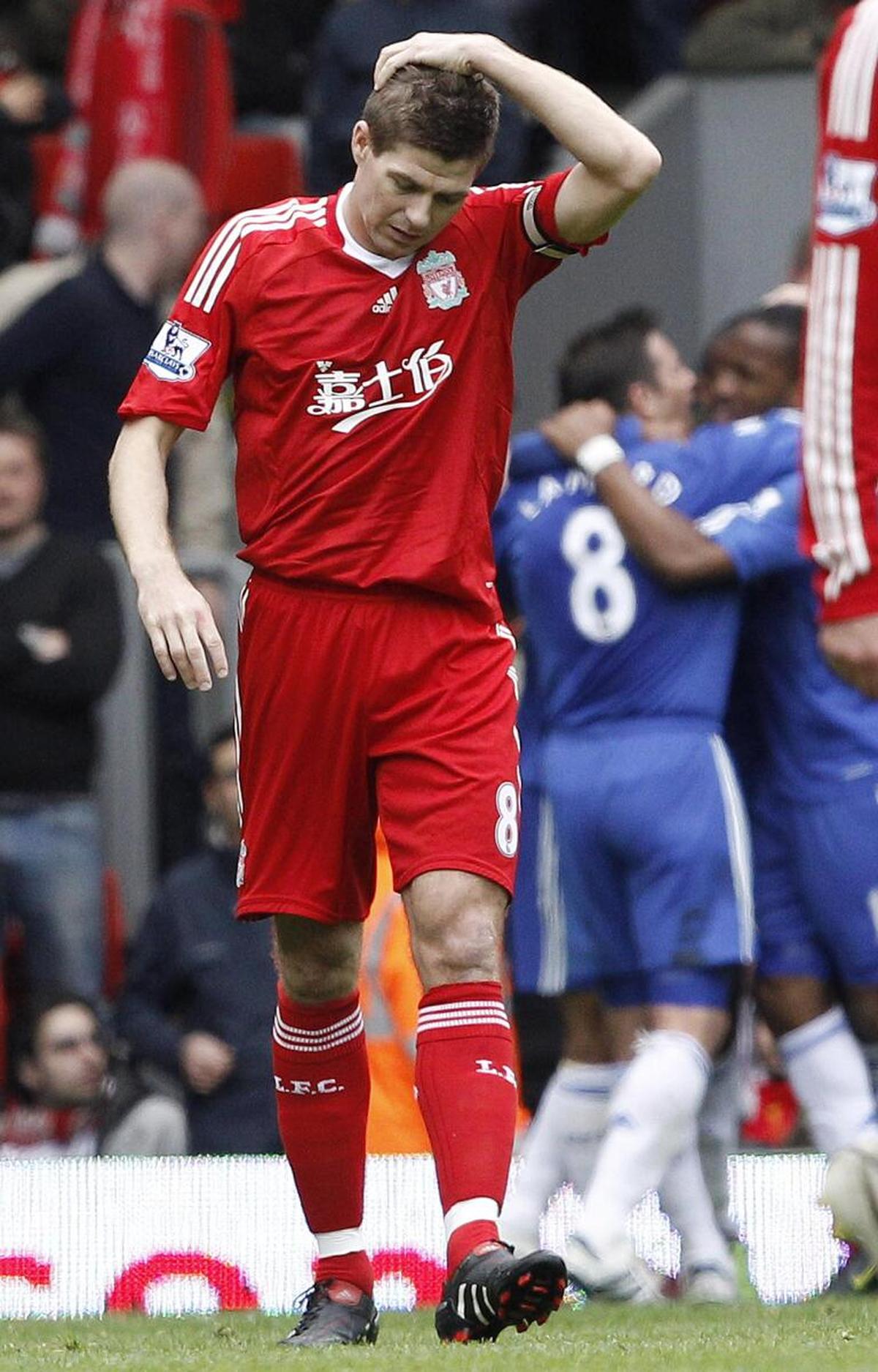 Liverpool‘s Steven Gerrard reacts after his error led to a Chelsea goal.