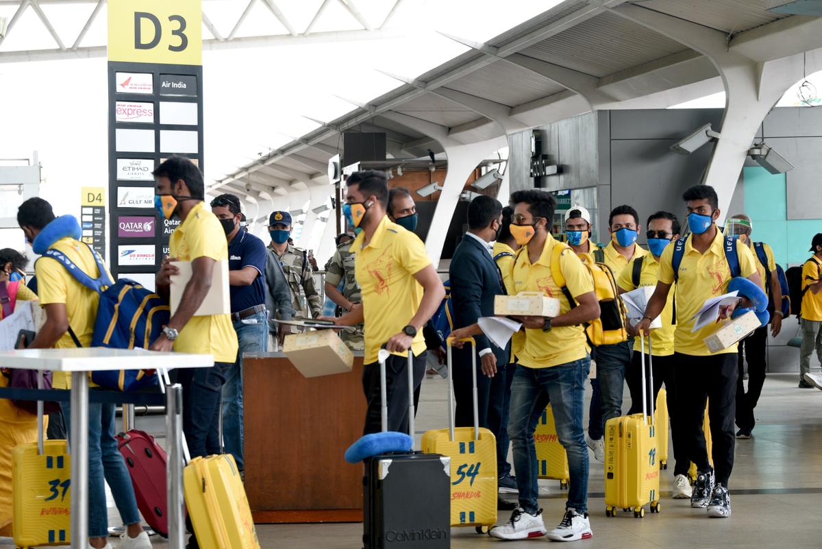 Members of Chennai Super Kings at the Chennai airport before leaving for Dubai. The 2020 edition of IPL was shifted to Dubai due to the Coronavirus pandemic.