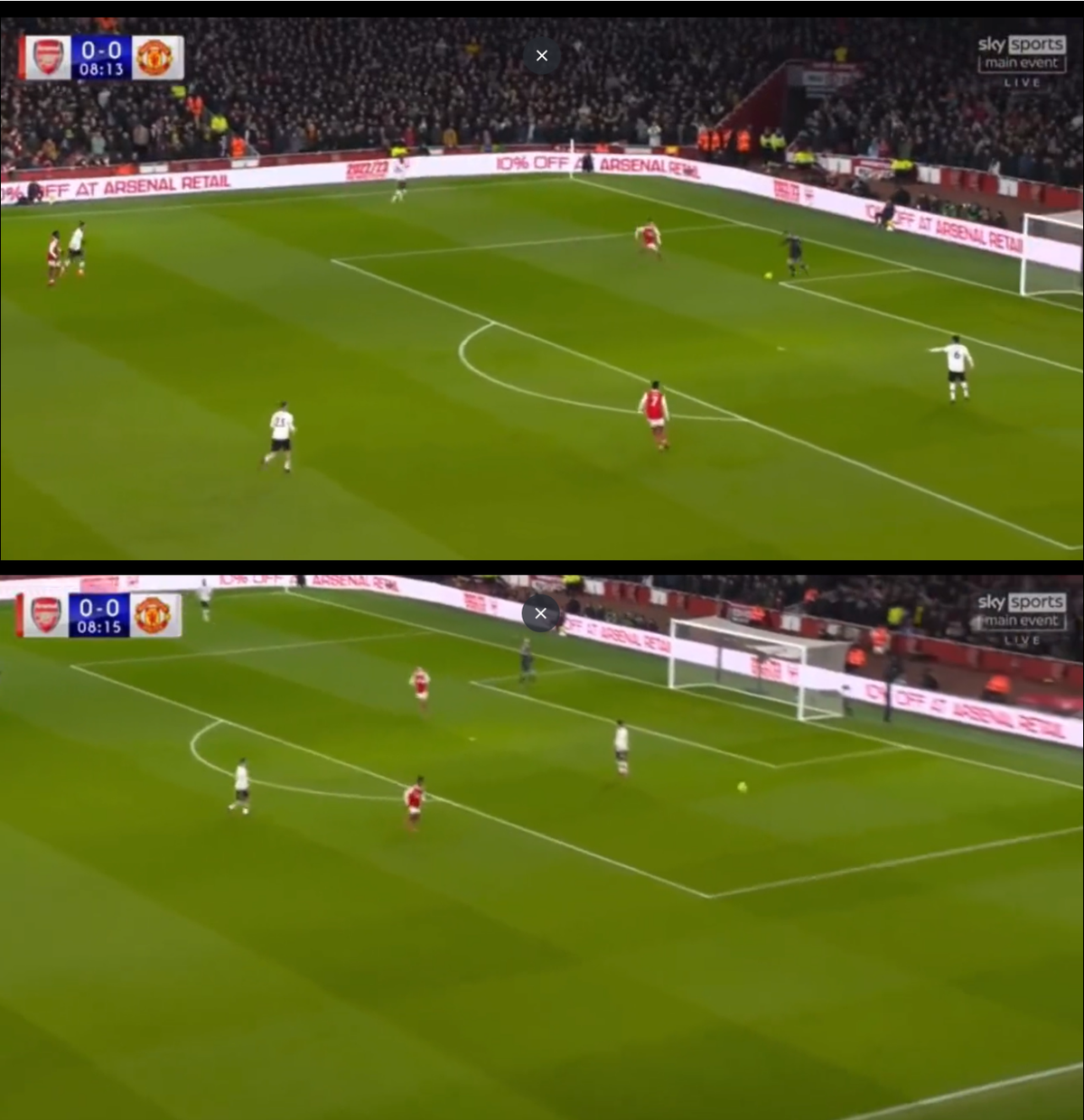 SCREEN GRAB: De Gea kicking the ball out of play under pressure by an Arsenal forward during a Premier League match. 