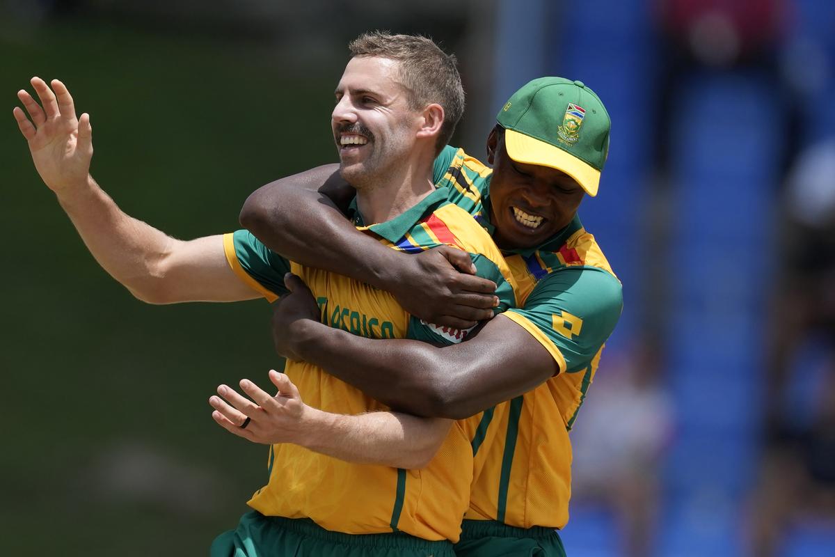 South Africa’s Anrich Nortje, left, celebrates with teammate Kagiso Rabada after the dismissal of United States’ Corey Anderson during the ICC Men’s T20 World Cup cricket match between the United States and South Africa. 