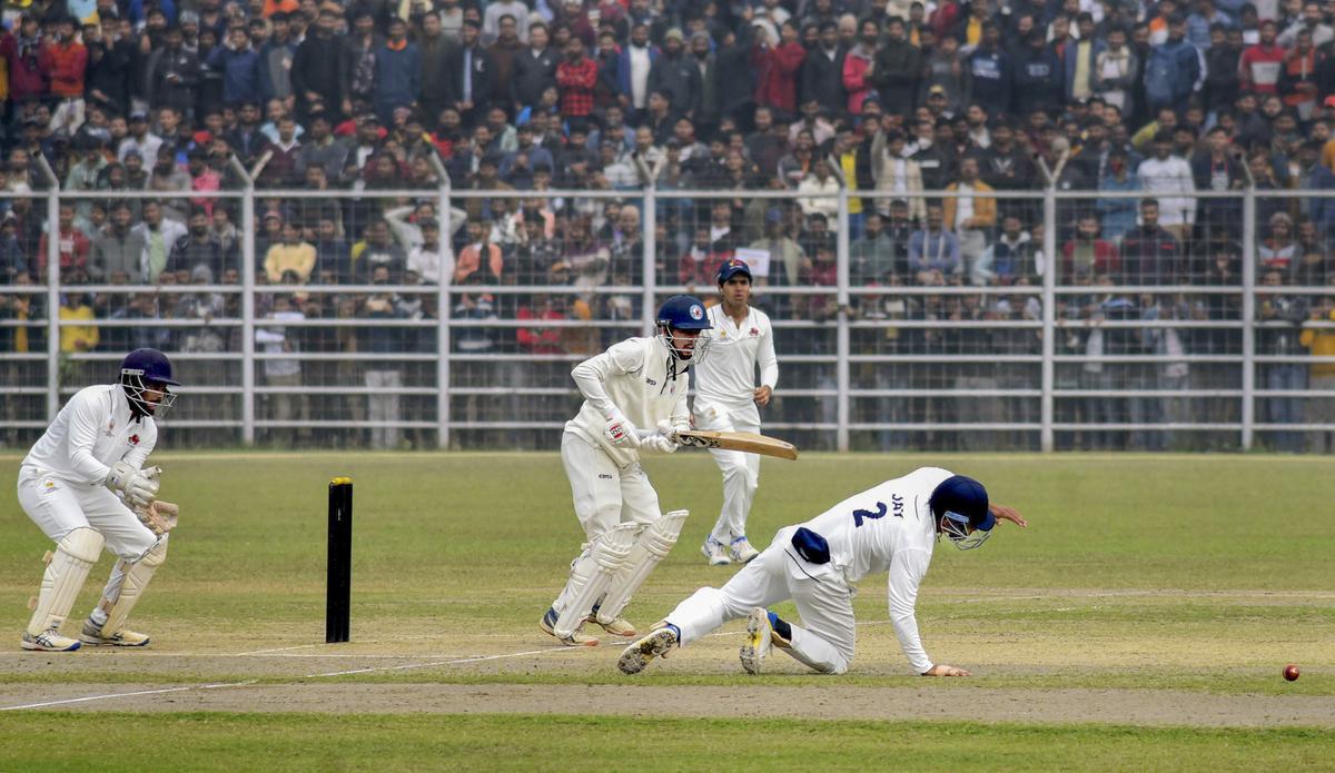 Bihar’s batter Babul Kumar plays a shot during the third day of the Ranji Trophy cricket match between Mumbai and Bihar, in Patna.