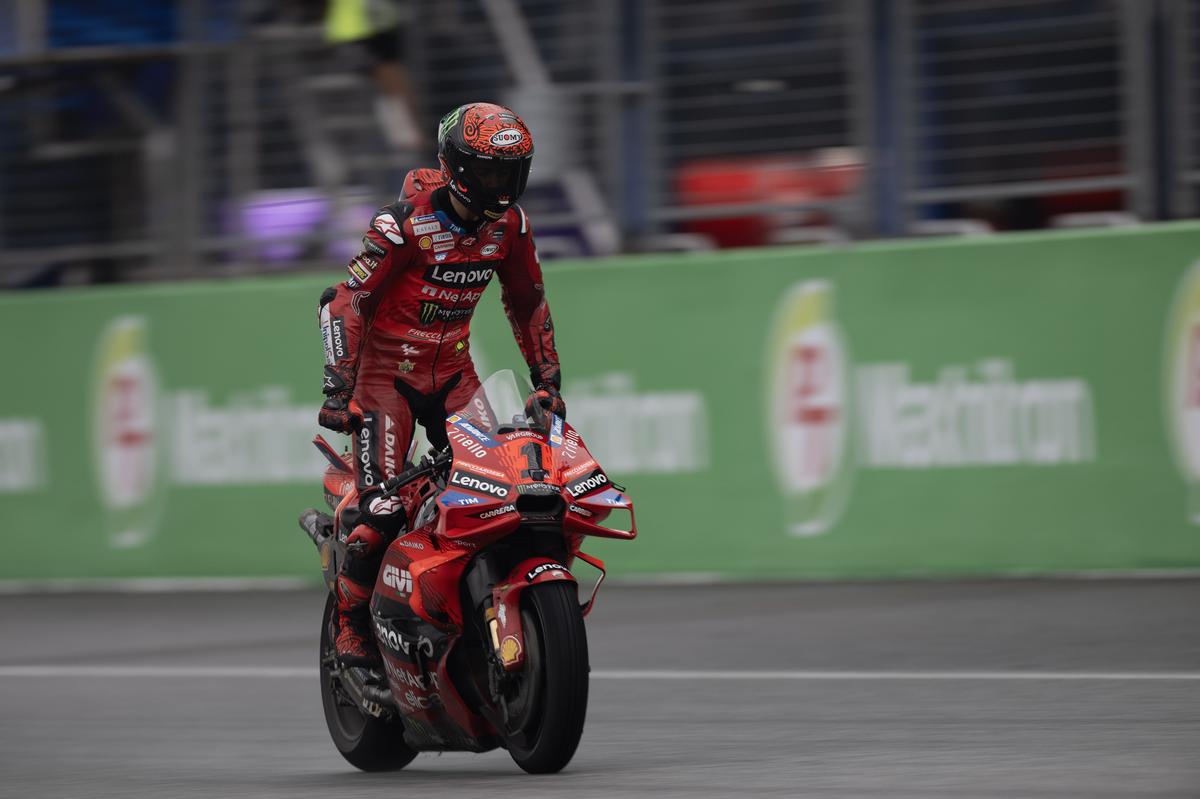 Francesco Bagnaia of Italy and Ducati Lenovo Team cuts the finish lane and celebrates the victory  during the MotoGP race during the MotoGP Of Thailand - Race at Chang International Circuit on October 27, 2024 in Buriram, Thailand.