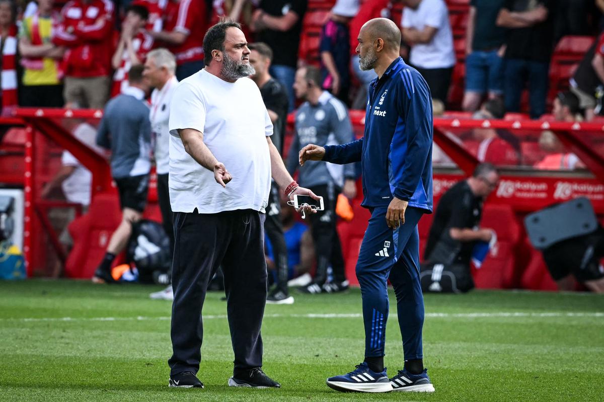 FILE PHOTO: Nottingham Forest’s Portuguese manager Nuno Espirito Santo (R) speaks with Nottingham Forest’s Greek co-owner Evangelos Marinakis (L) at the end of the Premier League football match between Nottingham Forest and Leicester City.