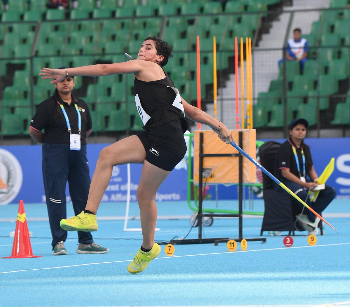 Deepika of Haryana wins the girls’ javelin throw gold with a new meet record in the Khelo India Youth Games at Jawaharlal Nehru stadium in Chennai on Thursday.