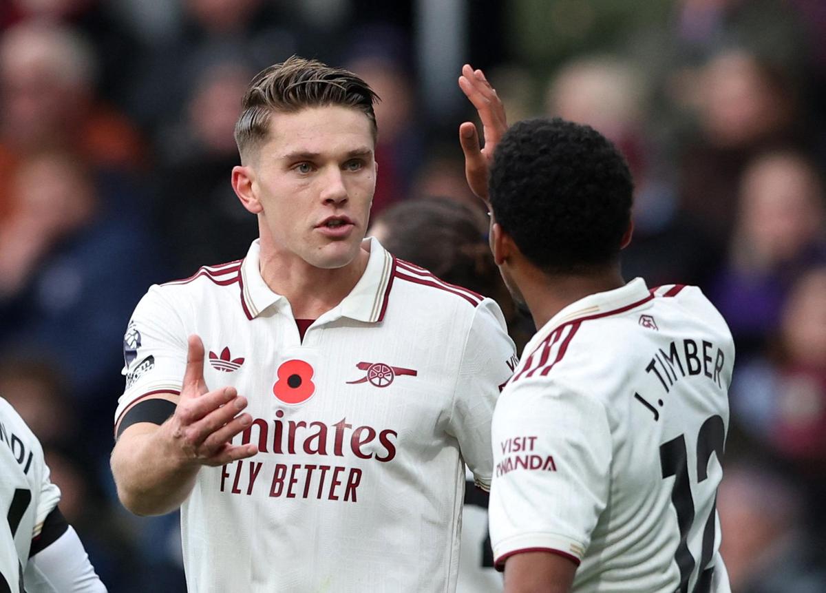Arsenal's Viktor Gyokeres celebrates scoring their first goal against Burnley with Jurrien Timber.
