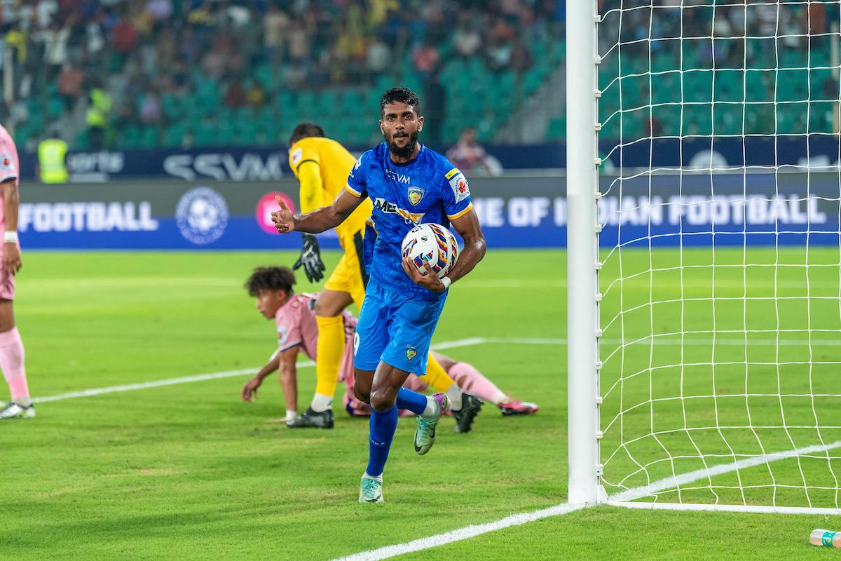 Finding the net in style: Irfan Yadwad of Chennaiyin FC celebrates scoring a goal against Bengaluru FC in the Indian Super League, at the Jawaharlal Nehru Stadium in Chennai.