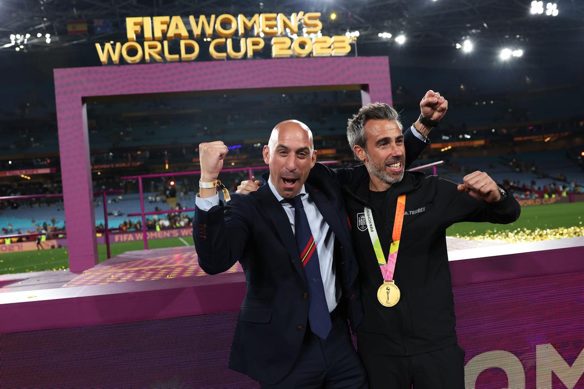 SYDNEY, AUSTRALIA - AUGUST 20: Jorge Vilda, Head Coach of Spain, and Luis Rubiales, President of the Royal Spanish Football Federation celebrate after the team's victory in the FIFA Women's World Cup Australia & New Zealand 2023 Final match between Spain and England at Stadium Australia on August 20, 2023 in Sydney / Gadigal, Australia. (Photo by Maja Hitij - FIFA/FIFA via Getty Images)