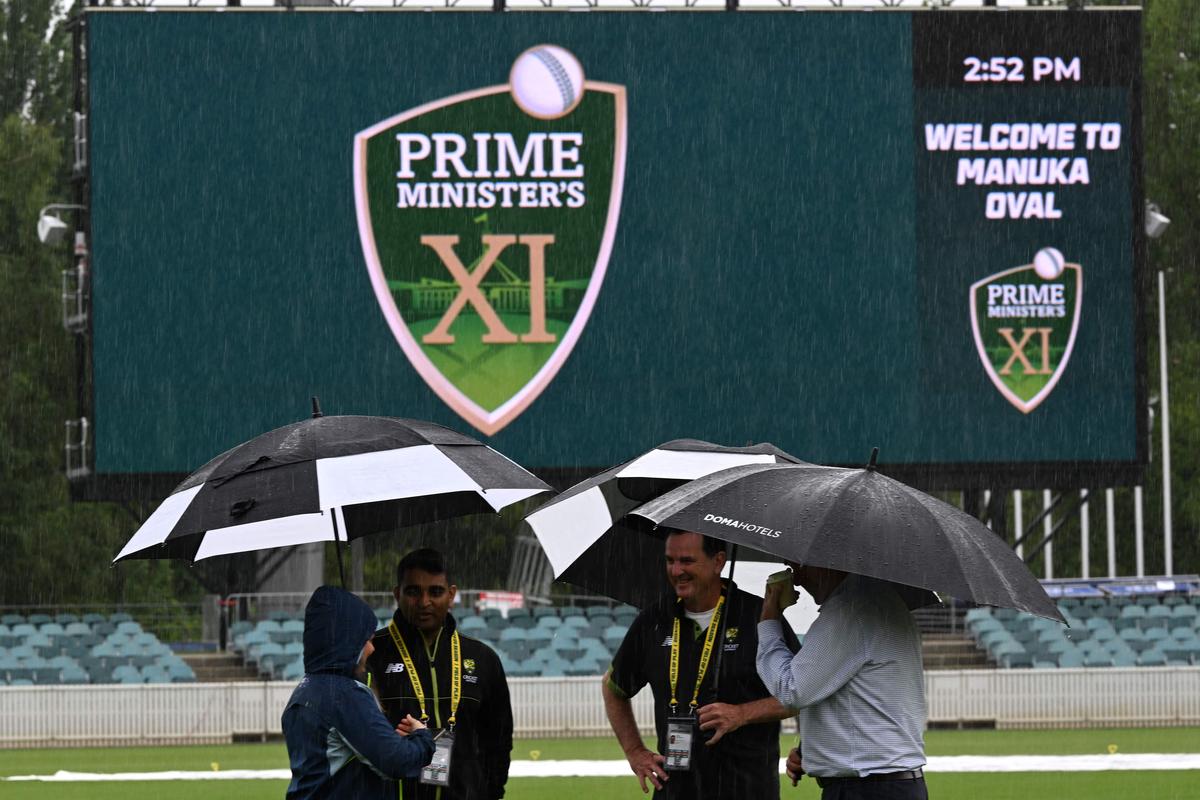 Officials examine the ground conditions as rain delays the first day play of the two-day tour cricket match between Prime Minister XI and India at Manuka Oval in Canberra.