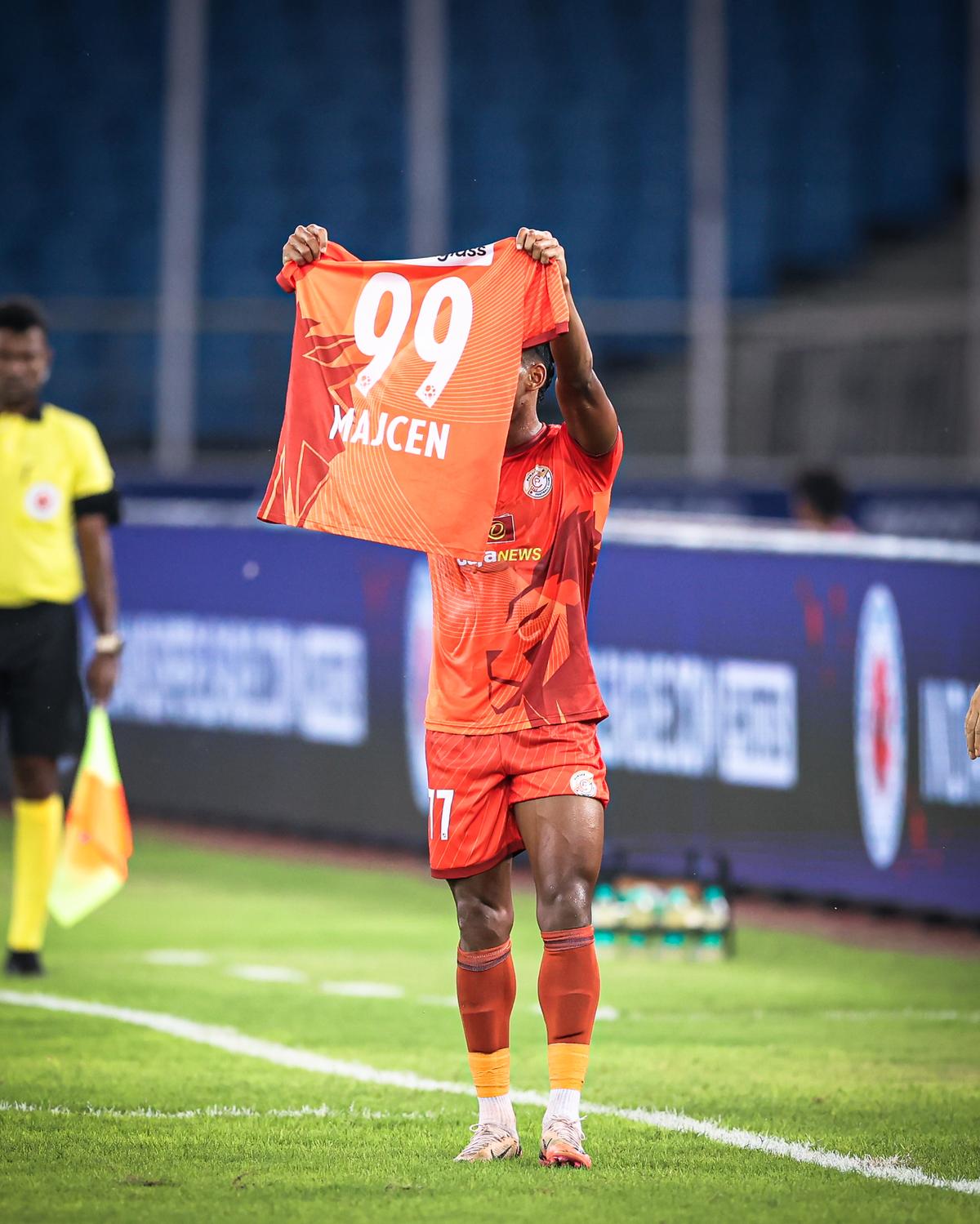 Nihal Sudheesh of Punjab FC celebrated scoring the goal with a message for quick recovery of PFC forward Luka Majcen, who has been ruled out for at least six weeks with an injury.