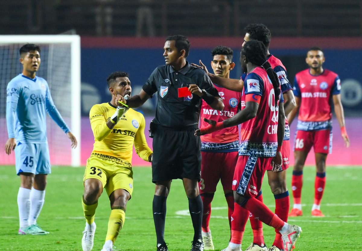 FILE PHOTO: Daniel Chima Chukwu is shown a red card during the Indian Super League (ISL) encounter between Jamshedpur FC and Mumbai City FC.